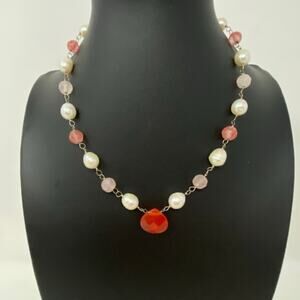 Handmade Vtg Pearl Rose Quartz Beaded Necklace 925 Sterling Silver Chain 16"